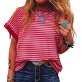 Casual striped color-blocked loose high-elastic short-sleeved shirt