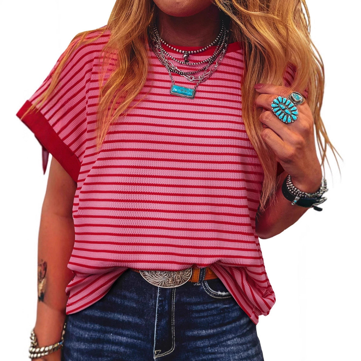 Casual striped color-blocked loose high-elastic short-sleeved shirt