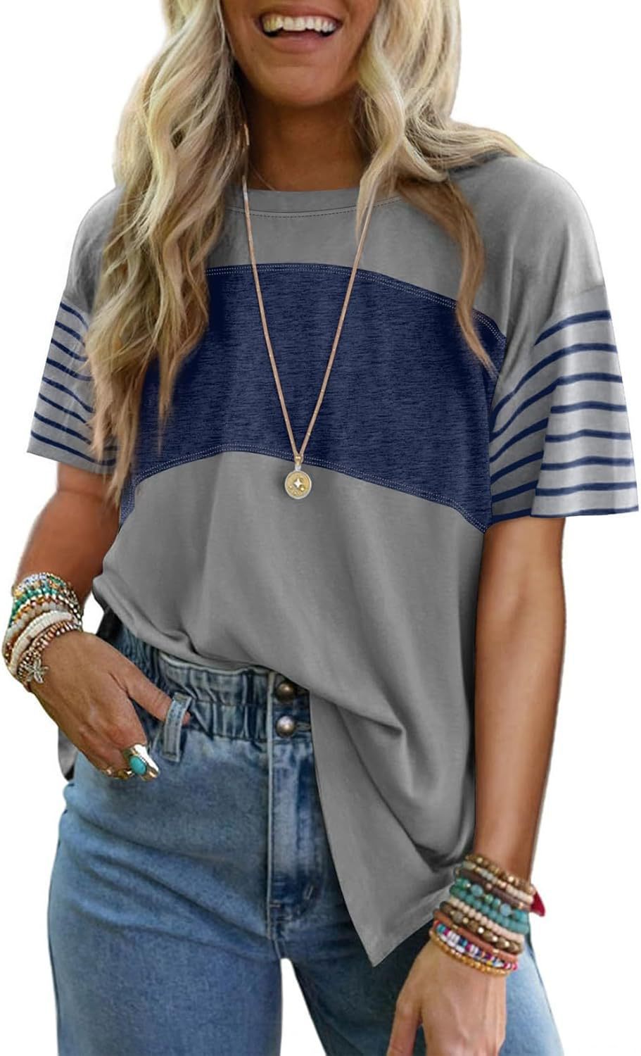 Casual striped color-blocked short-sleeved T-shirt