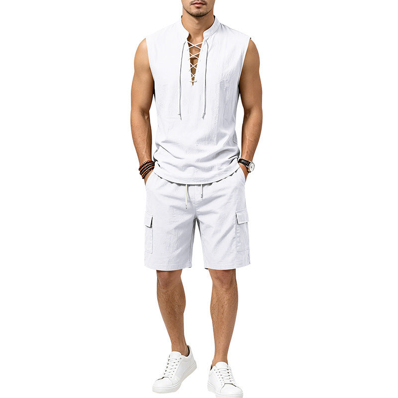 Linen skin-friendly breathable loose sleeveless drawstring shirt and shorts set