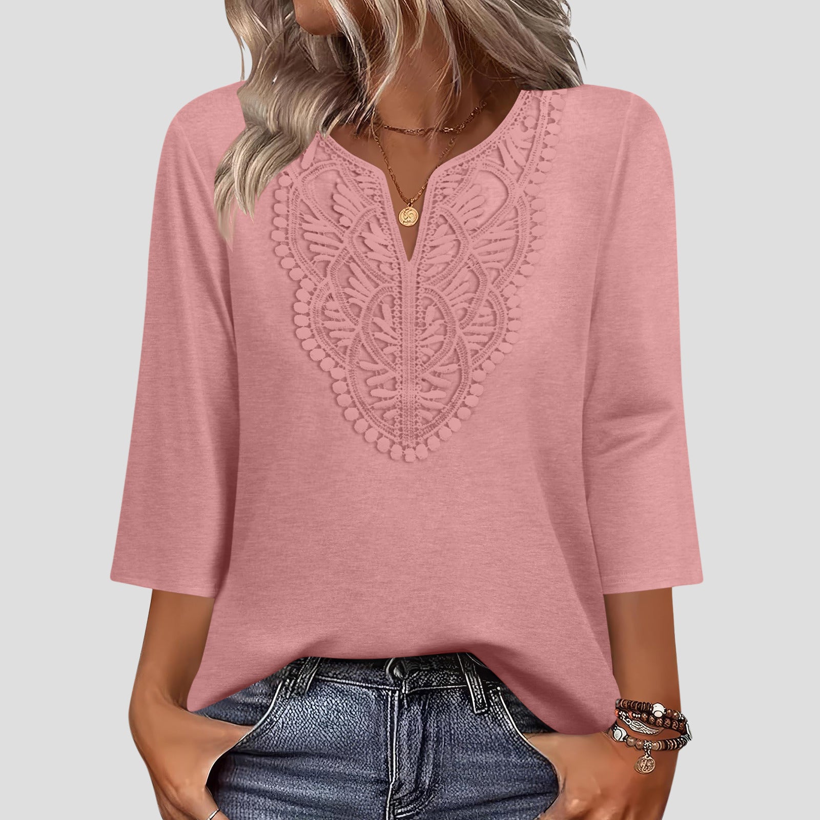 New V-neck lace-trimmed loose-fitting women's solid color three-quarter sleeve top