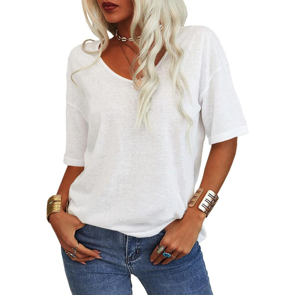 Women's T-shirt, V-neck, short-sleeved, loose-fitting shirt