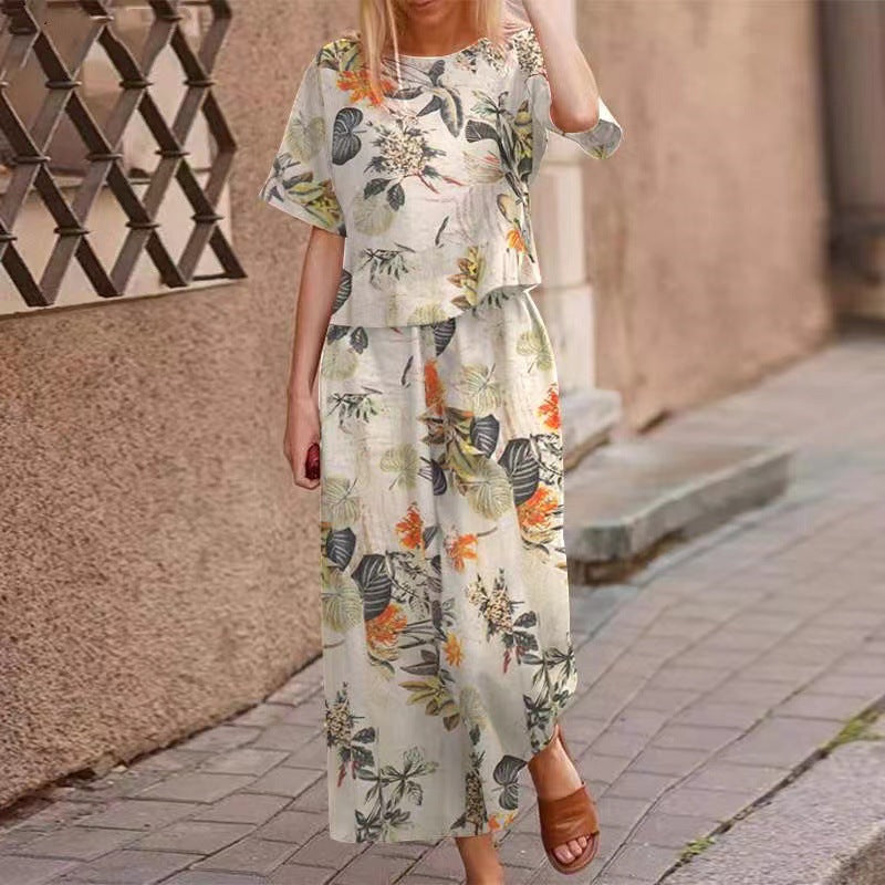 Summer casual printed cotton and linen floral short-sleeved fashion sportswear set