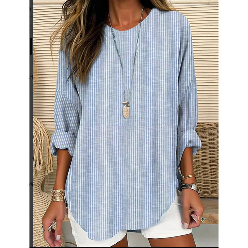 Retro striped design loose long-sleeved round neck top