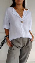 Women's V-neck cotton linen button T-shirt
