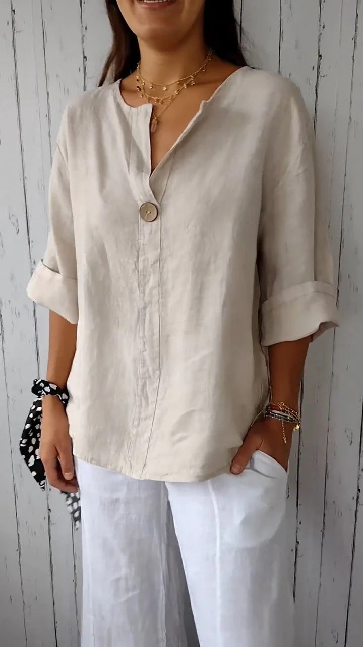 Women's V-neck cotton linen button T-shirt