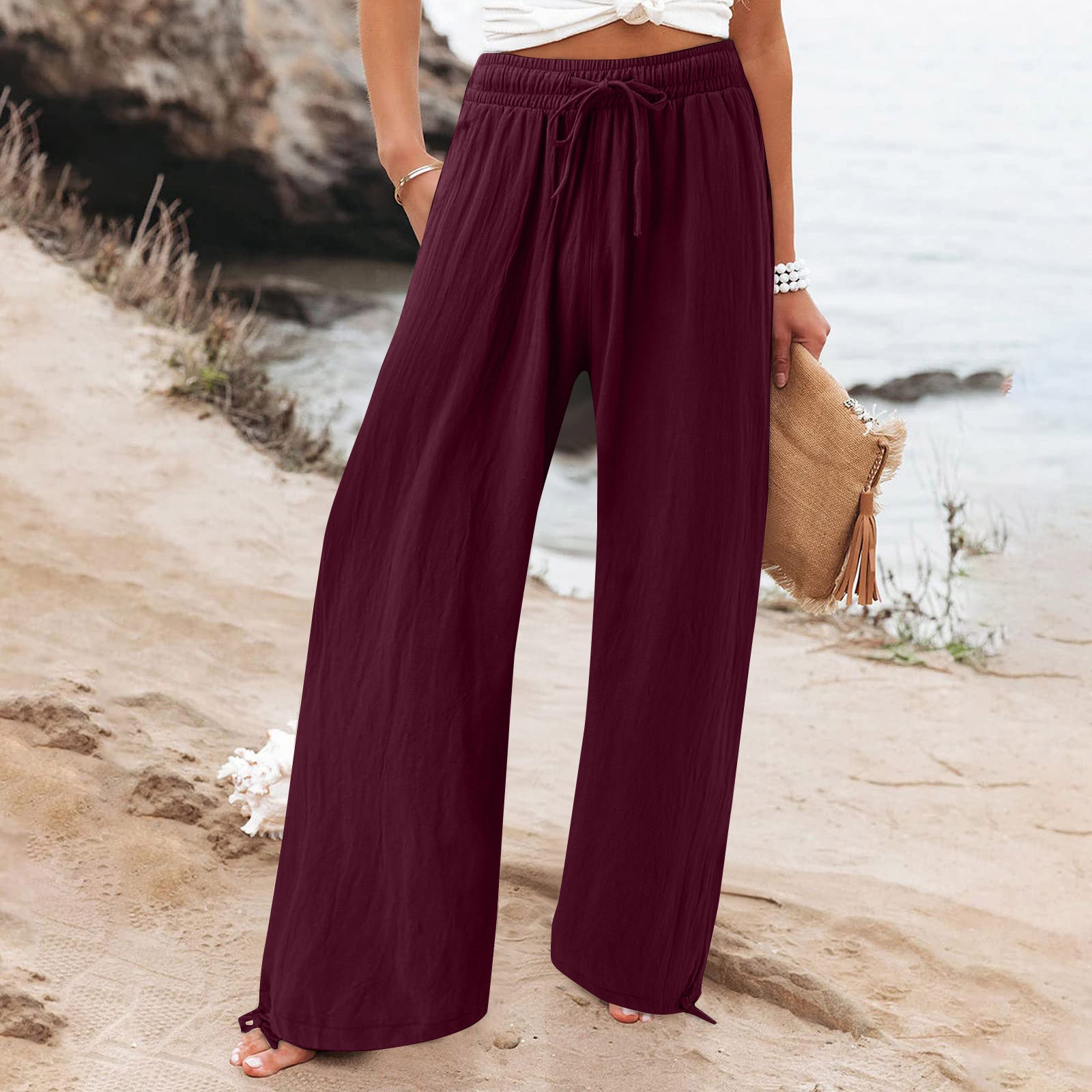Elastic waist casual solid color wide-leg trousers