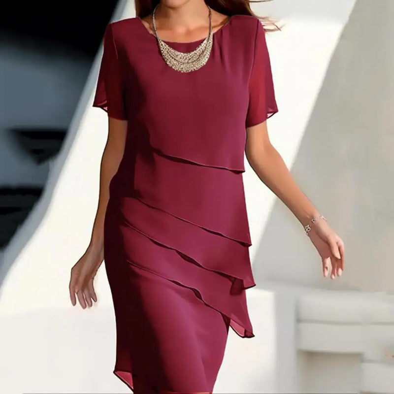Summer fitted chiffon round neck short-sleeved dress