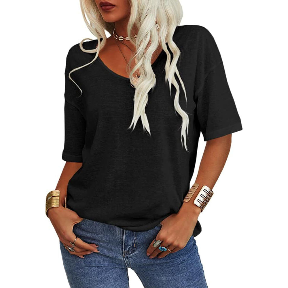 Women's T-shirt, V-neck, short-sleeved, loose-fitting shirt