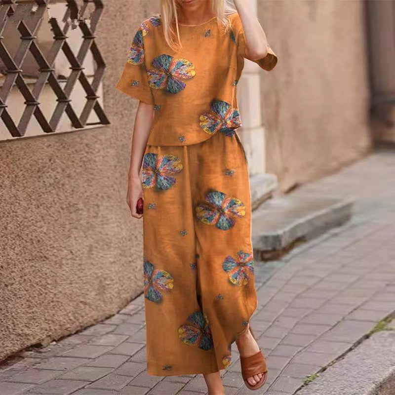 Summer casual printed cotton and linen floral short-sleeved fashion sportswear set