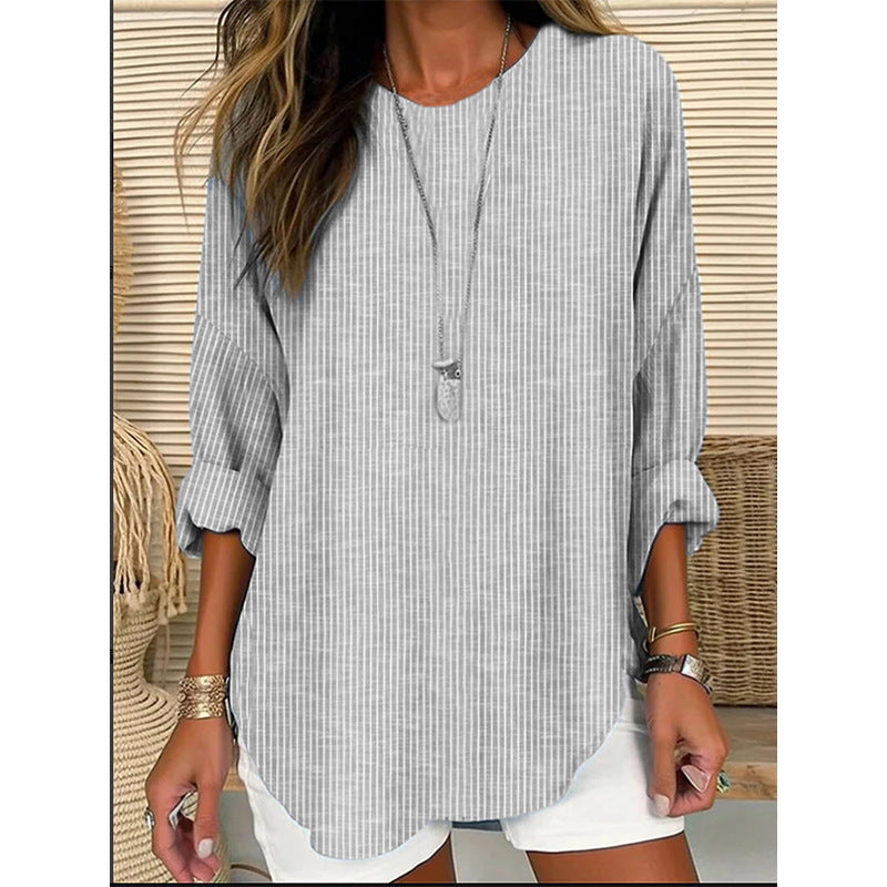 Retro striped design loose long-sleeved round neck top