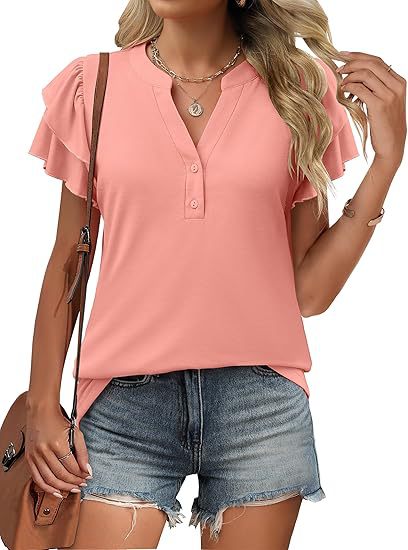 V-neck short-sleeved ruffle sleeve T-shirt button-down shirt