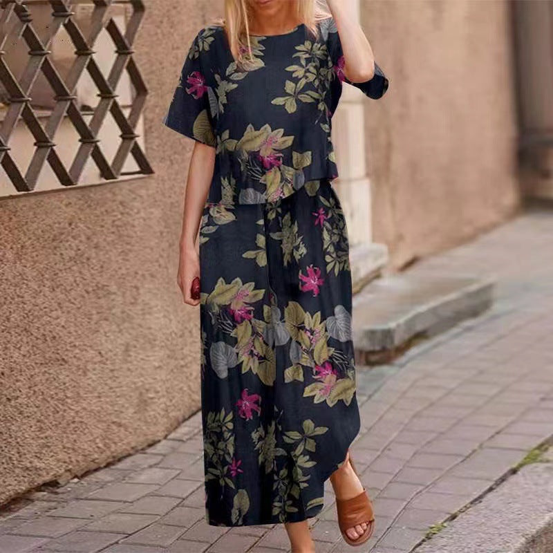 Summer casual printed cotton and linen floral short-sleeved fashion sportswear set