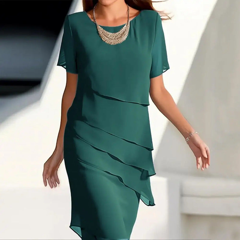 Summer fitted chiffon round neck short-sleeved dress