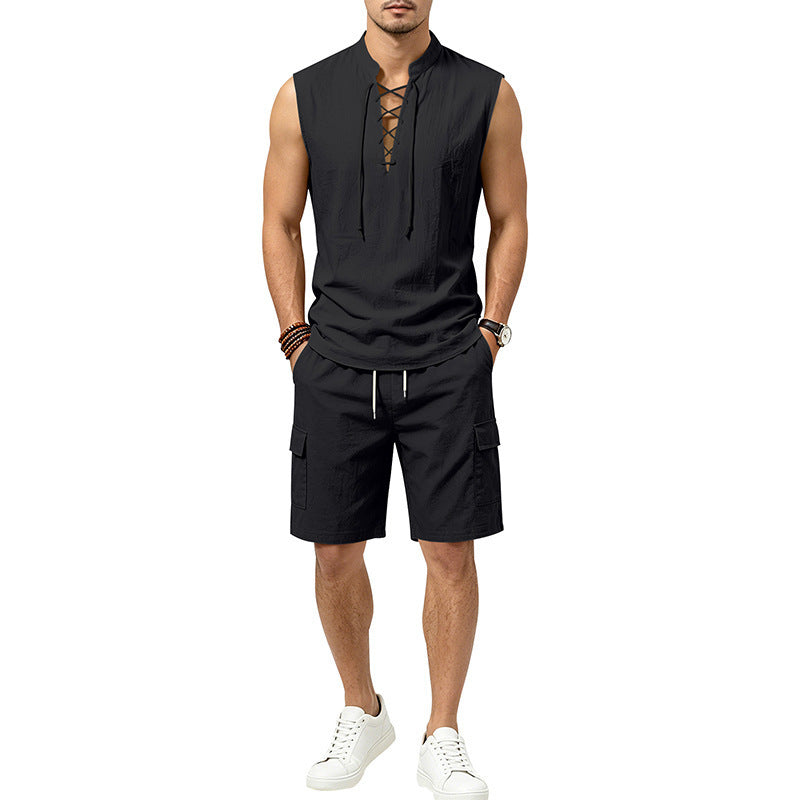 Linen skin-friendly breathable loose sleeveless drawstring shirt and shorts set