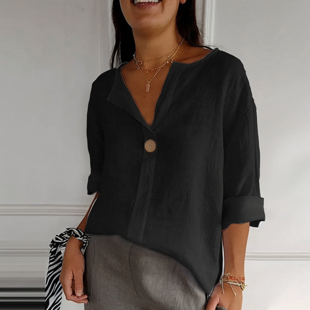 Women's V-neck cotton linen button T-shirt