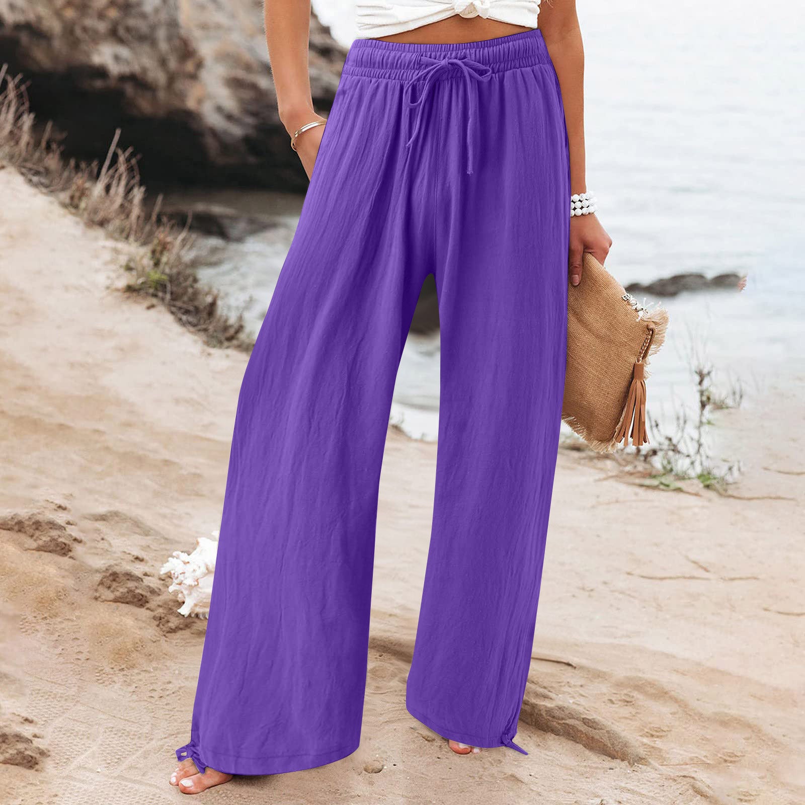 Elastic waist casual solid color wide-leg trousers