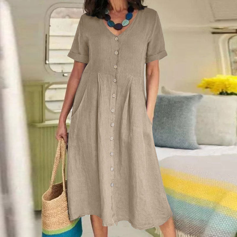 New solid color loose high-waisted cotton linen dress