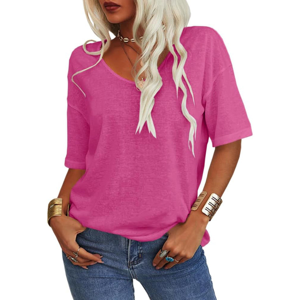 Women's T-shirt, V-neck, short-sleeved, loose-fitting shirt