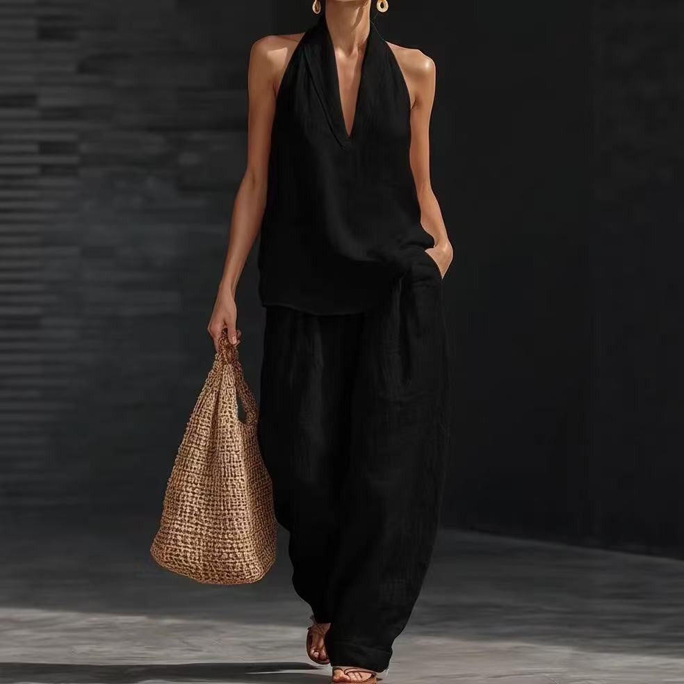 French-style halter neck V-neck backless top and wide-leg pants set