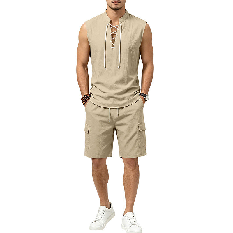 Linen skin-friendly breathable loose sleeveless drawstring shirt and shorts set