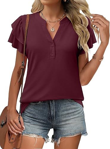 V-neck short-sleeved ruffle sleeve T-shirt button-down shirt