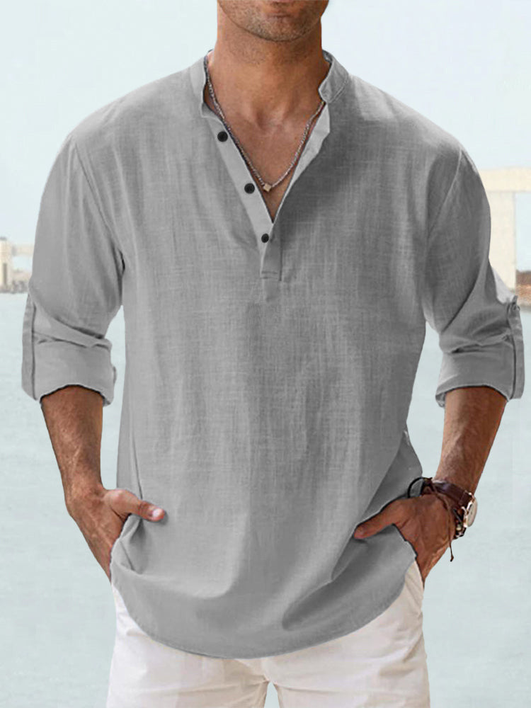 Stand-up collar T-shirt, loose fit, solid color, long-sleeved cotton and linen shirt