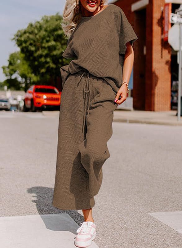 Simple solid color casual textured drawstring sportswear set