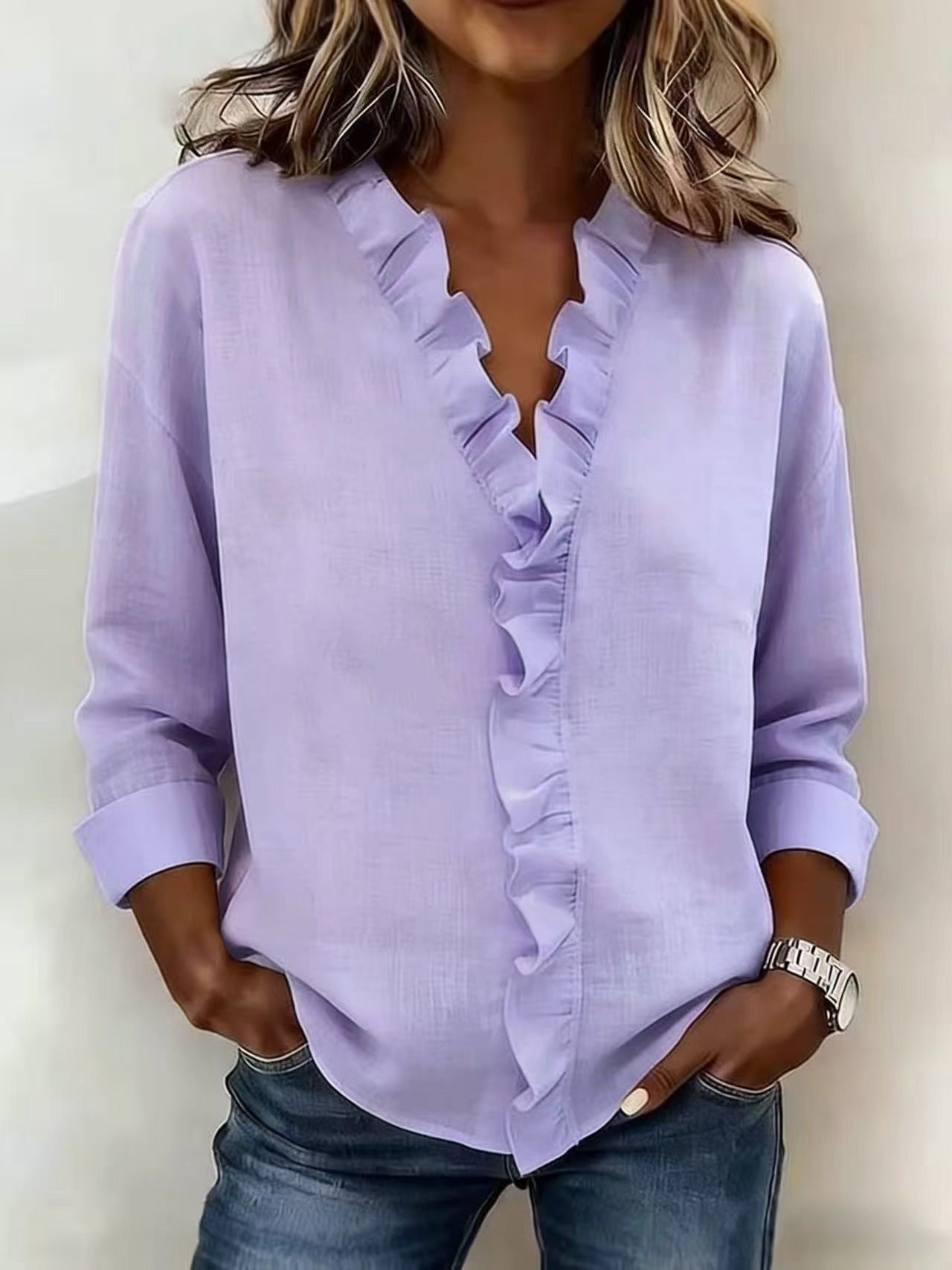 New Women's Ruffled Long-Sleeved Cotton Shirt
