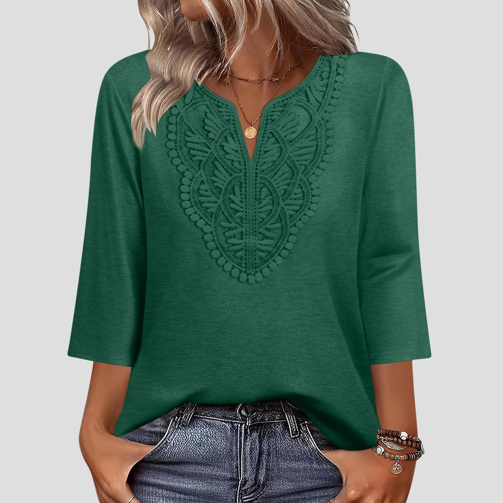 New V-neck lace-trimmed loose-fitting women's solid color three-quarter sleeve top
