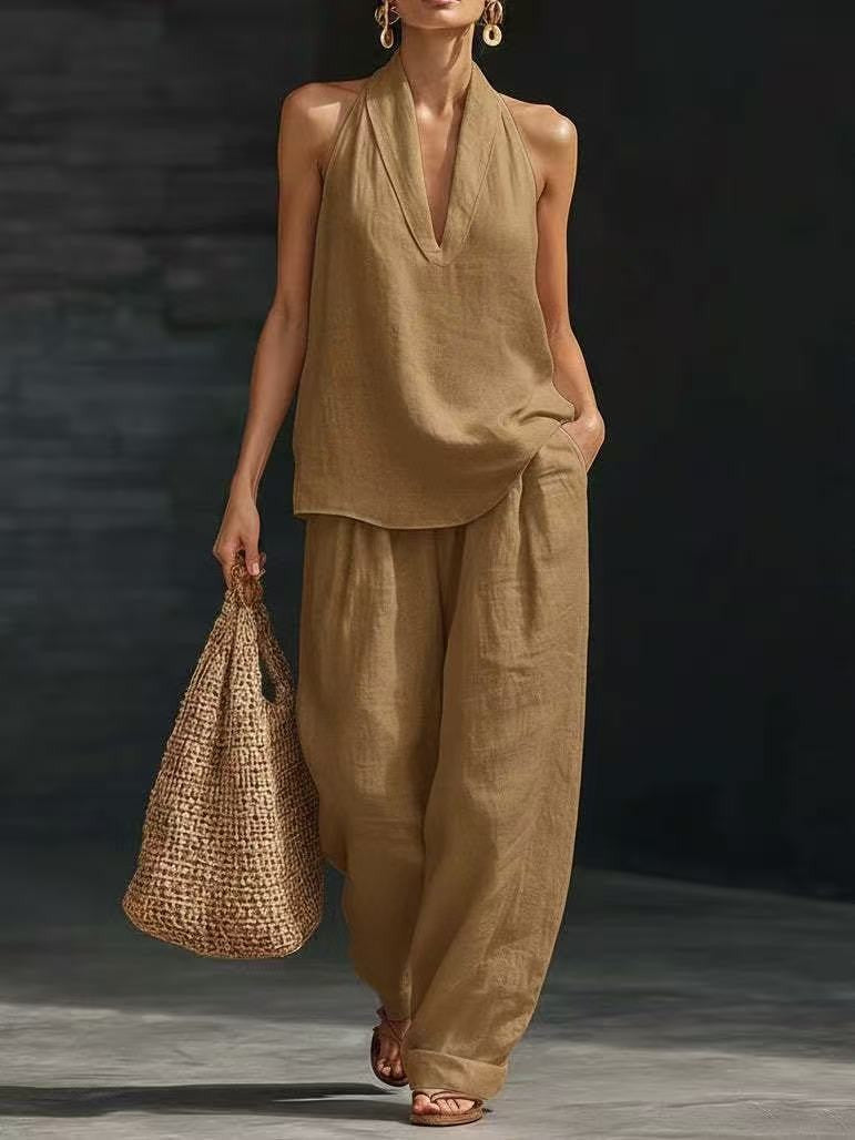 French-style halter neck V-neck backless top and wide-leg pants set