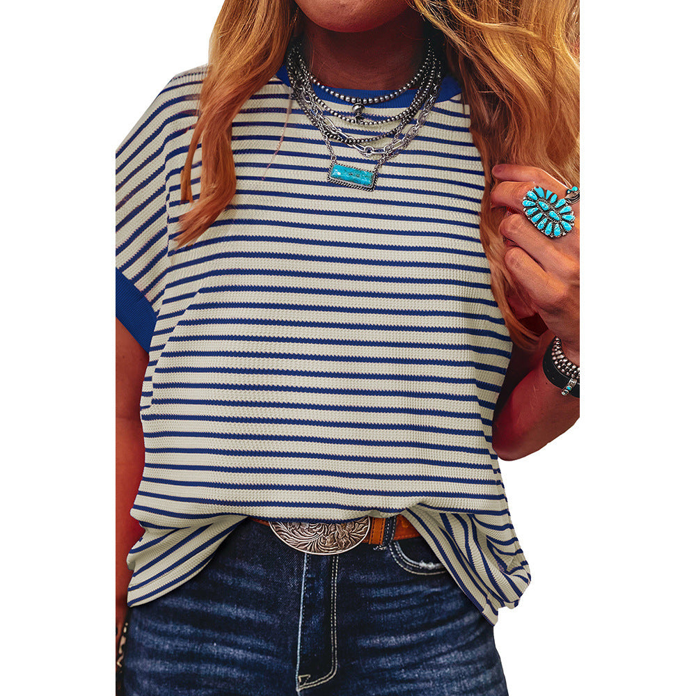 Casual striped color-blocked loose high-elastic short-sleeved shirt