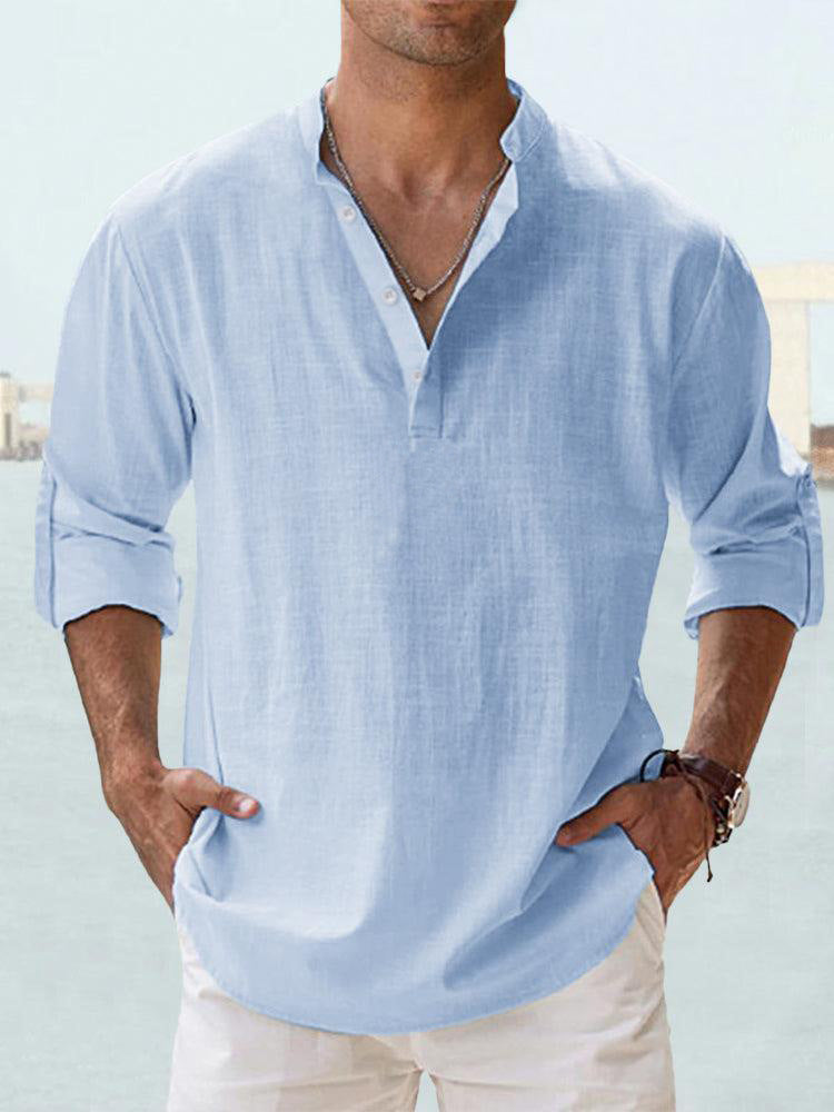 Stand-up collar T-shirt, loose fit, solid color, long-sleeved cotton and linen shirt