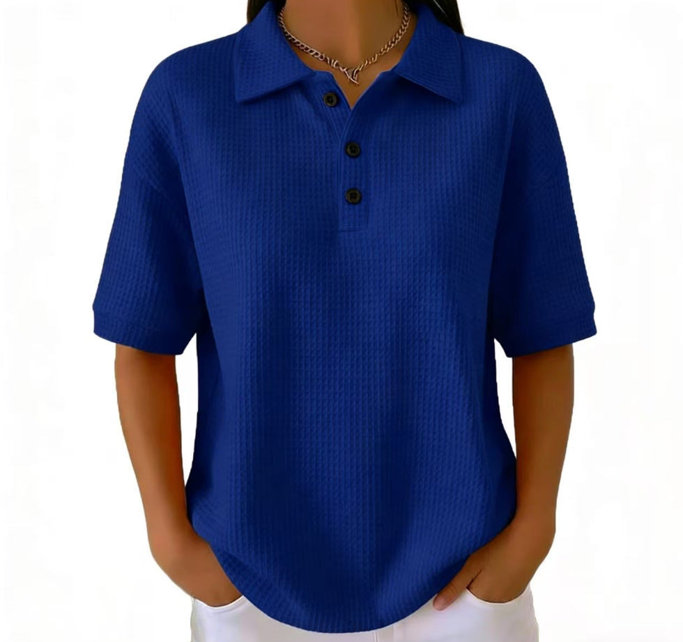 🔥Casual Loose-fitting Waffle Knit T-shirt with Shawl Collar