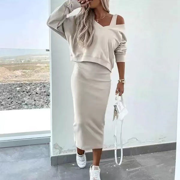 Women's V-neck Vest Dress Sweatshirt Knitwear Set
