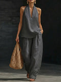 French-style halter neck V-neck backless top and wide-leg pants set