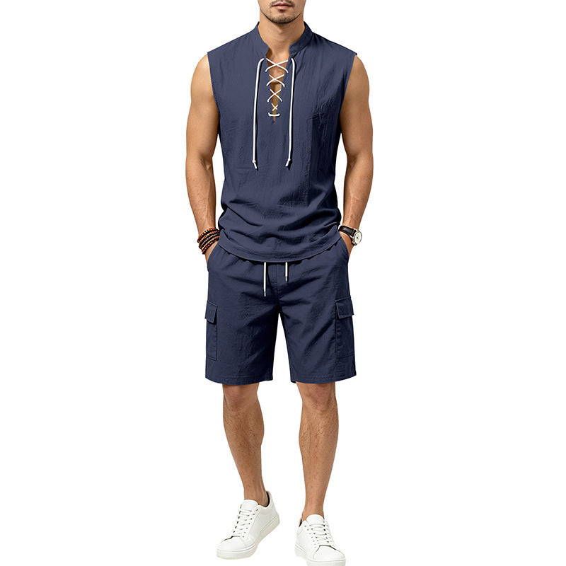 Linen skin-friendly breathable loose sleeveless drawstring shirt and shorts set