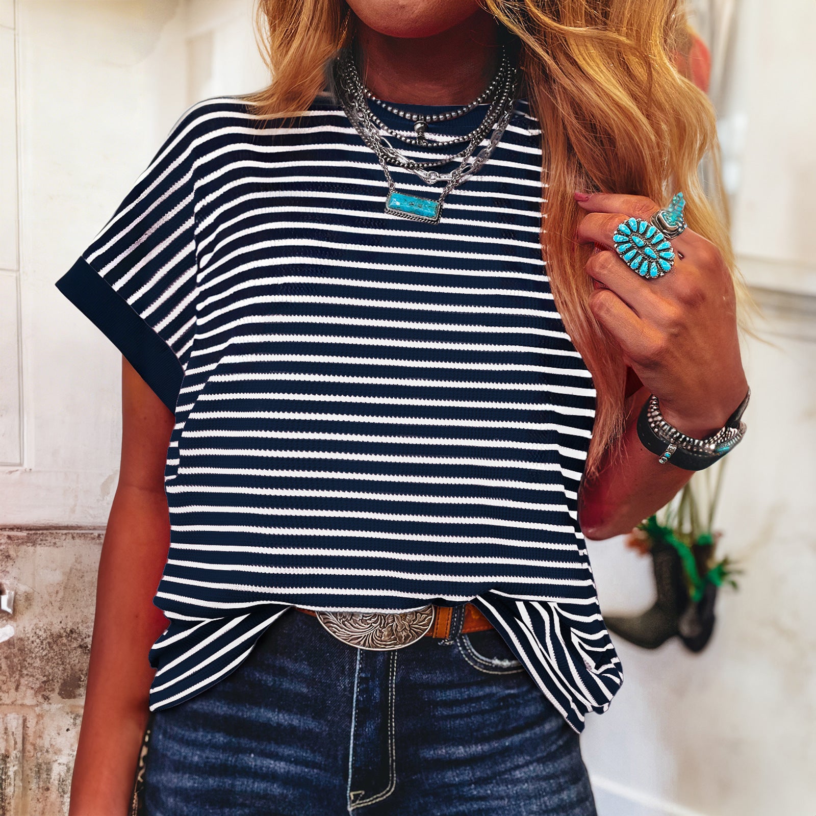 Casual striped color-blocked loose high-elastic short-sleeved shirt