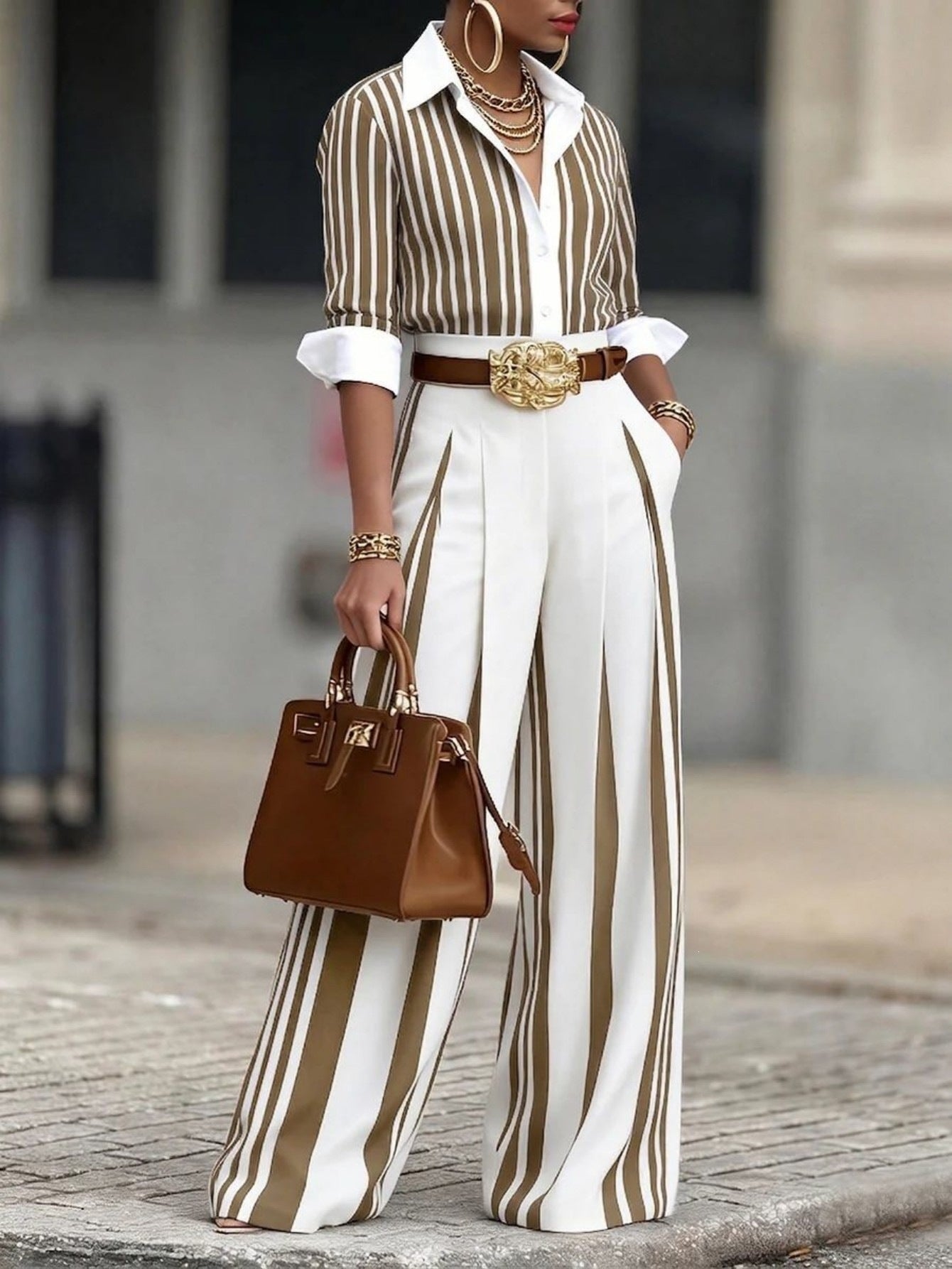 Striped T-shirt and loose-fitting trouser suit
