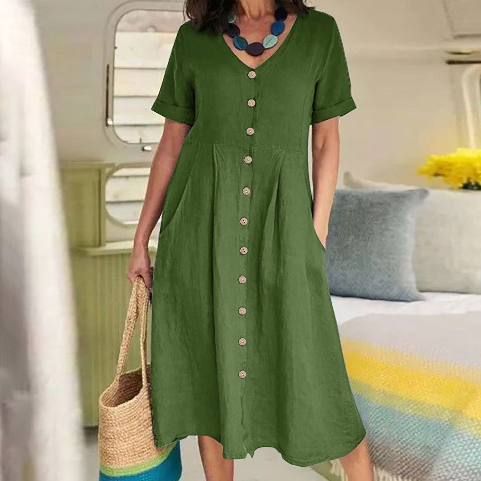 New solid color loose high-waisted cotton linen dress