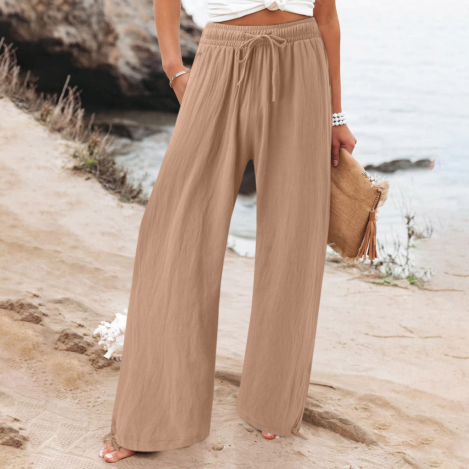 Elastic waist casual solid color wide-leg trousers