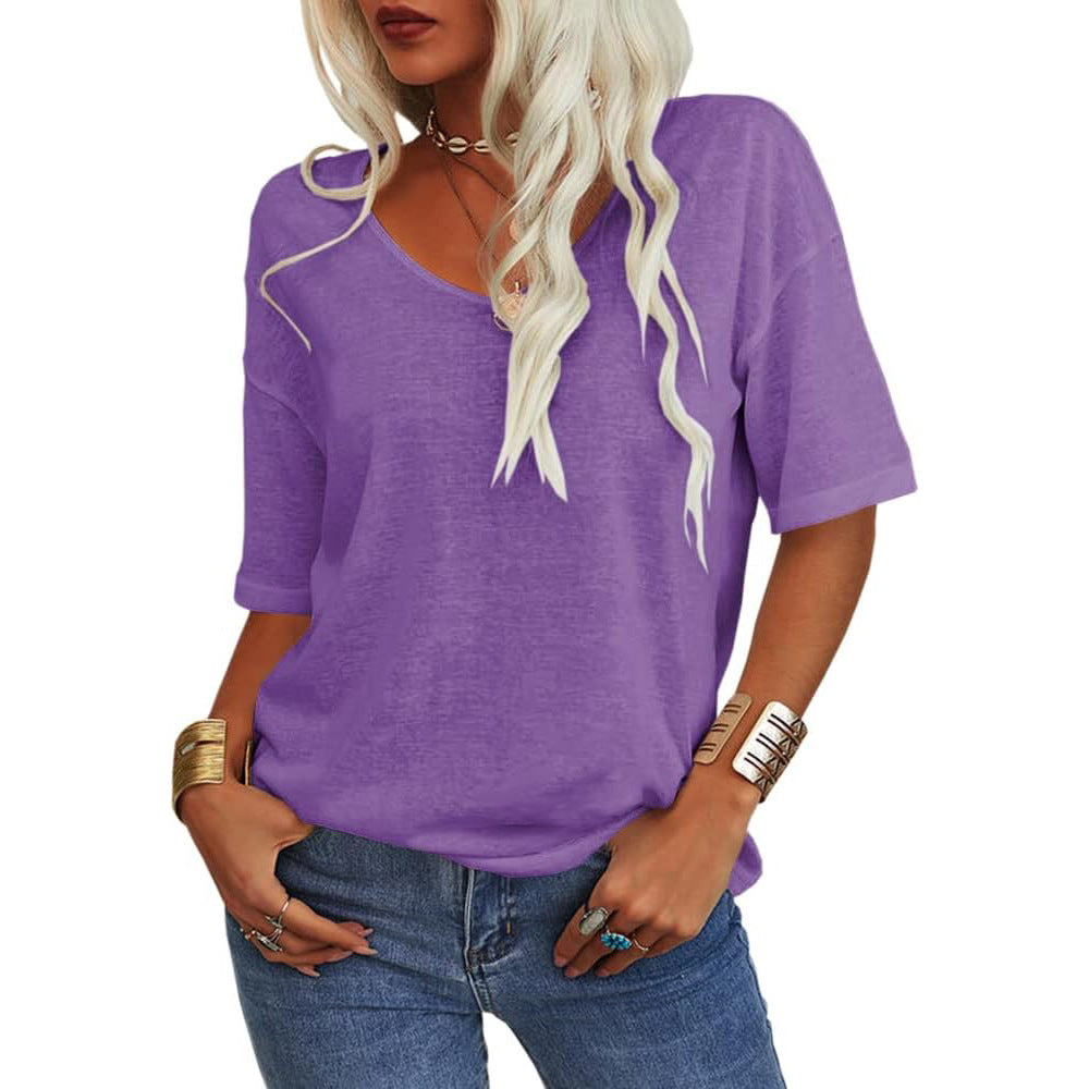 Women's T-shirt, V-neck, short-sleeved, loose-fitting shirt