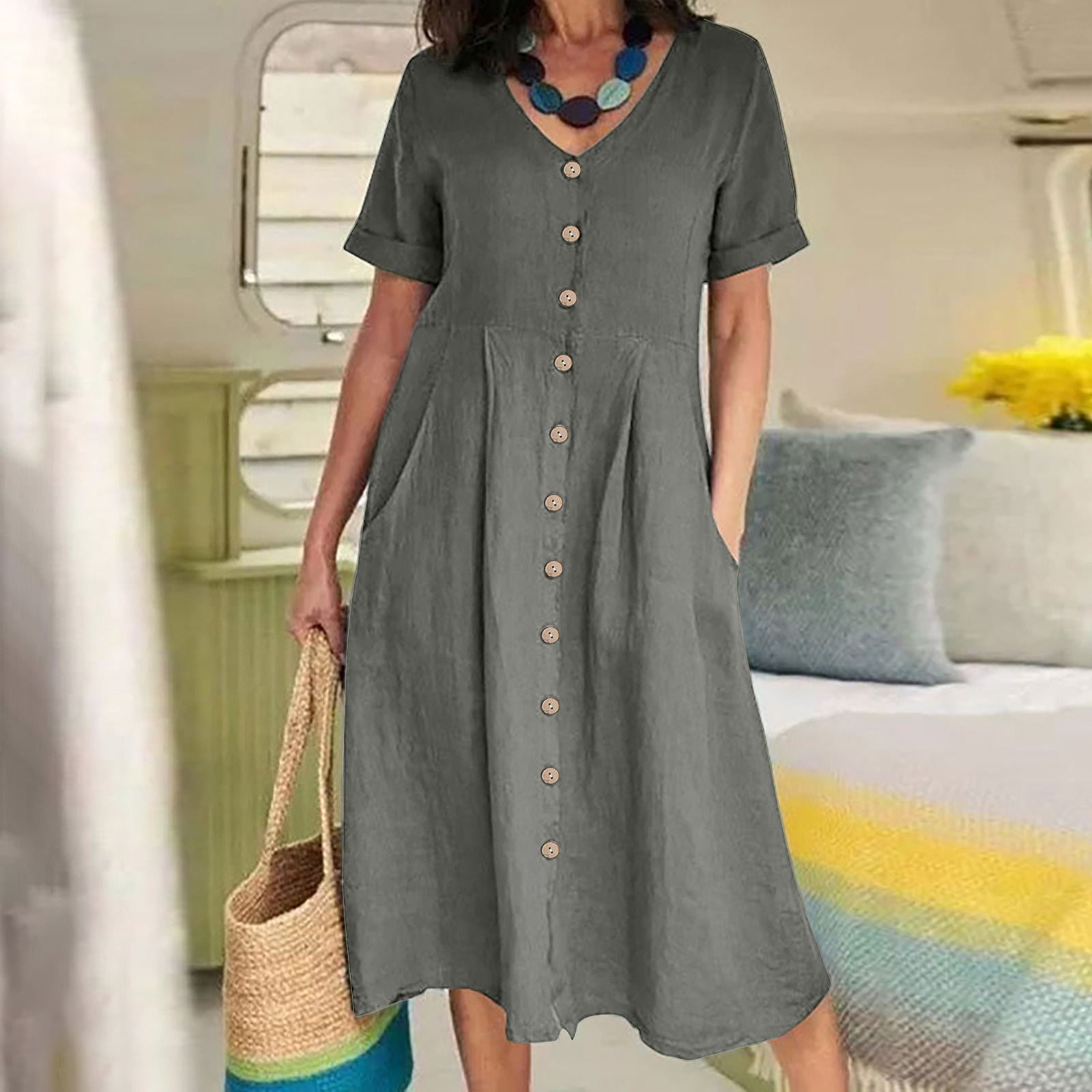 New solid color loose high-waisted cotton linen dress