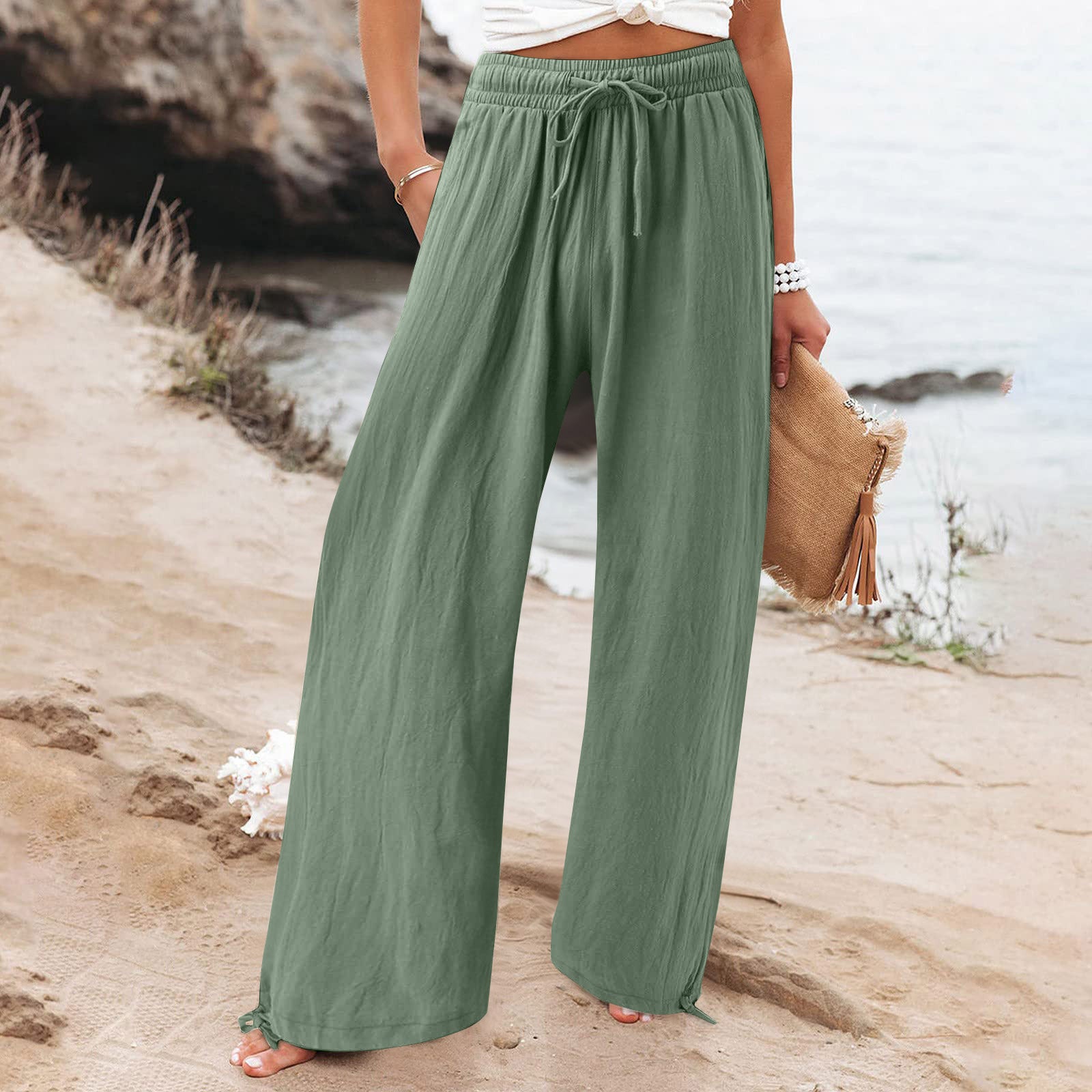Elastic waist casual solid color wide-leg trousers