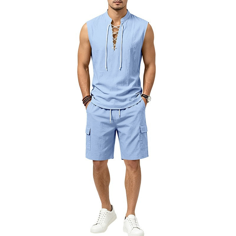 Linen skin-friendly breathable loose sleeveless drawstring shirt and shorts set
