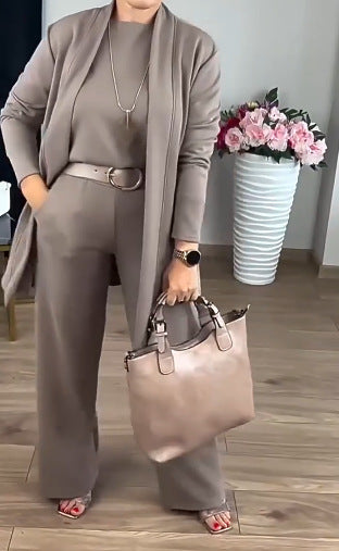 Women's Solid Color Round Neck Long Sleeve Top with Belt and Comfortable Pants Set