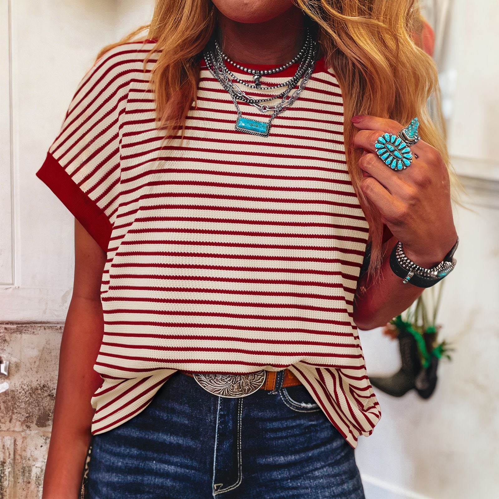 Casual striped color-blocked loose high-elastic short-sleeved shirt