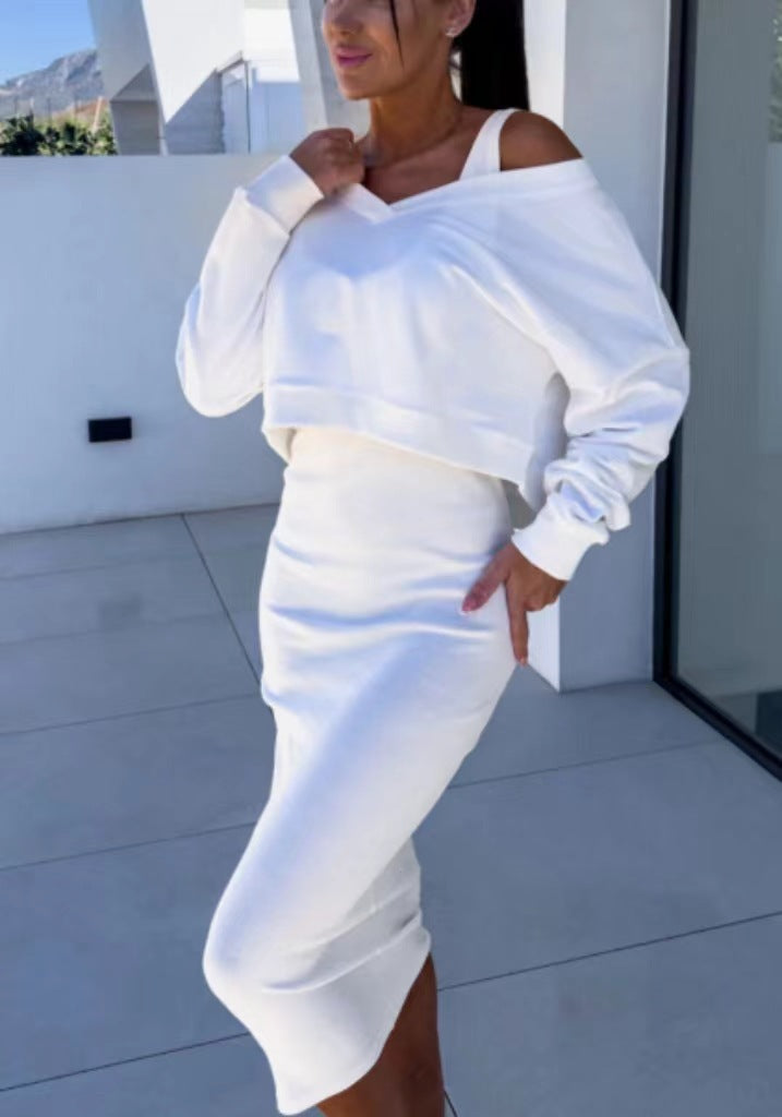 Women's V-neck Vest Dress Sweatshirt Knitwear Set
