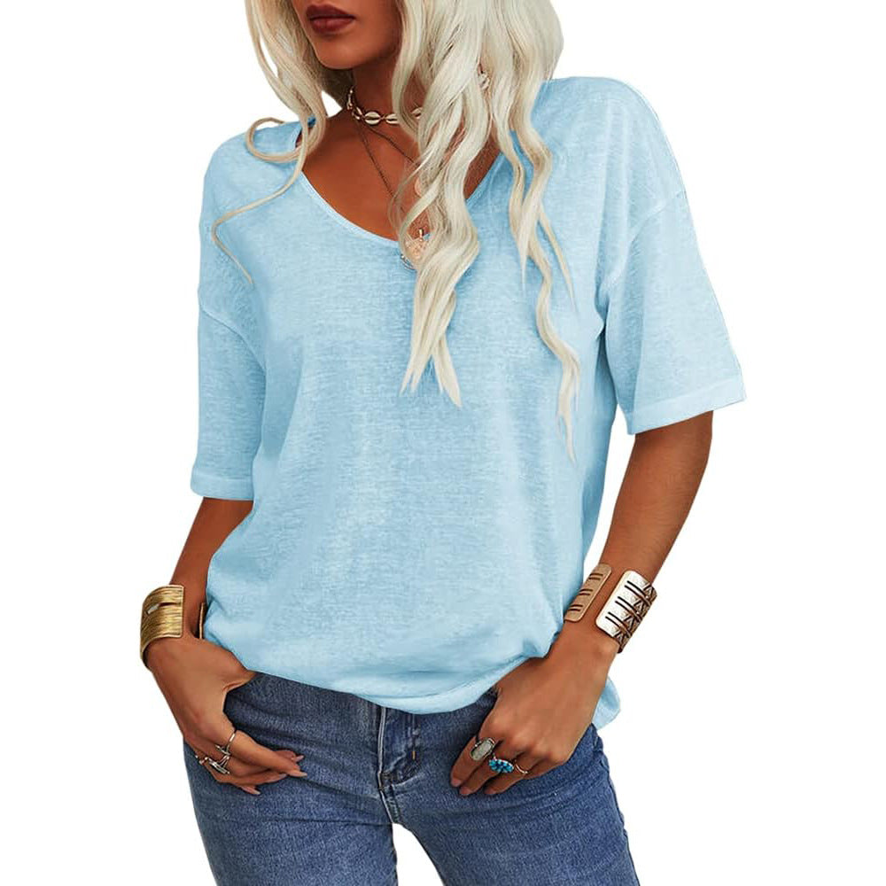 Women's T-shirt, V-neck, short-sleeved, loose-fitting shirt