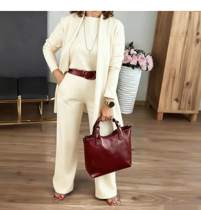 Women's Solid Color Round Neck Long Sleeve Top with Belt and Comfortable Pants Set